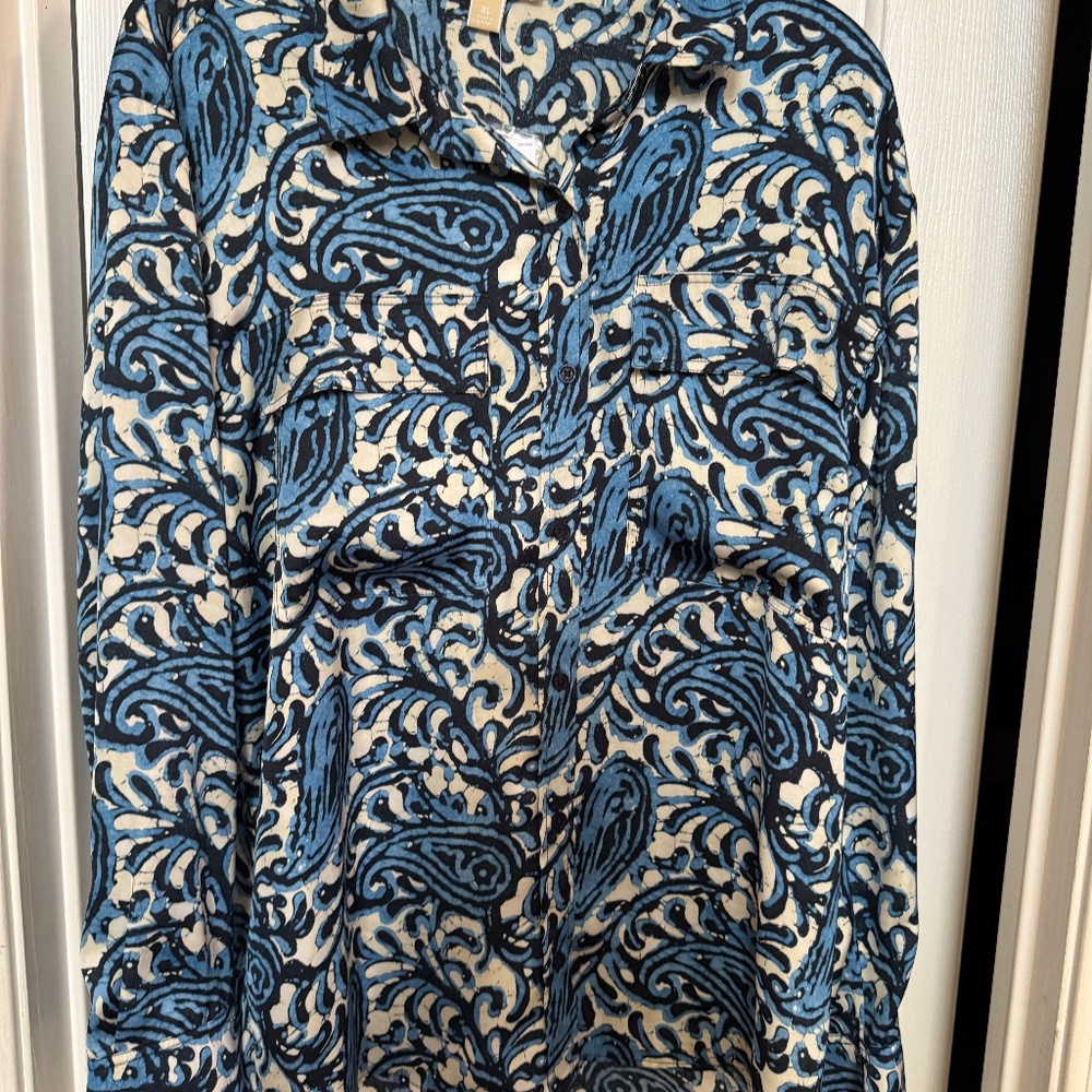 VINTAGE: Michael Kors Heritage Blue/White Abstract Blouse SZ XL Orig. $89.50.